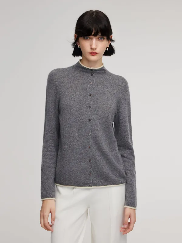 100% Cashmere Seamless Contrast Trim Women Cardigan sold by Goelia