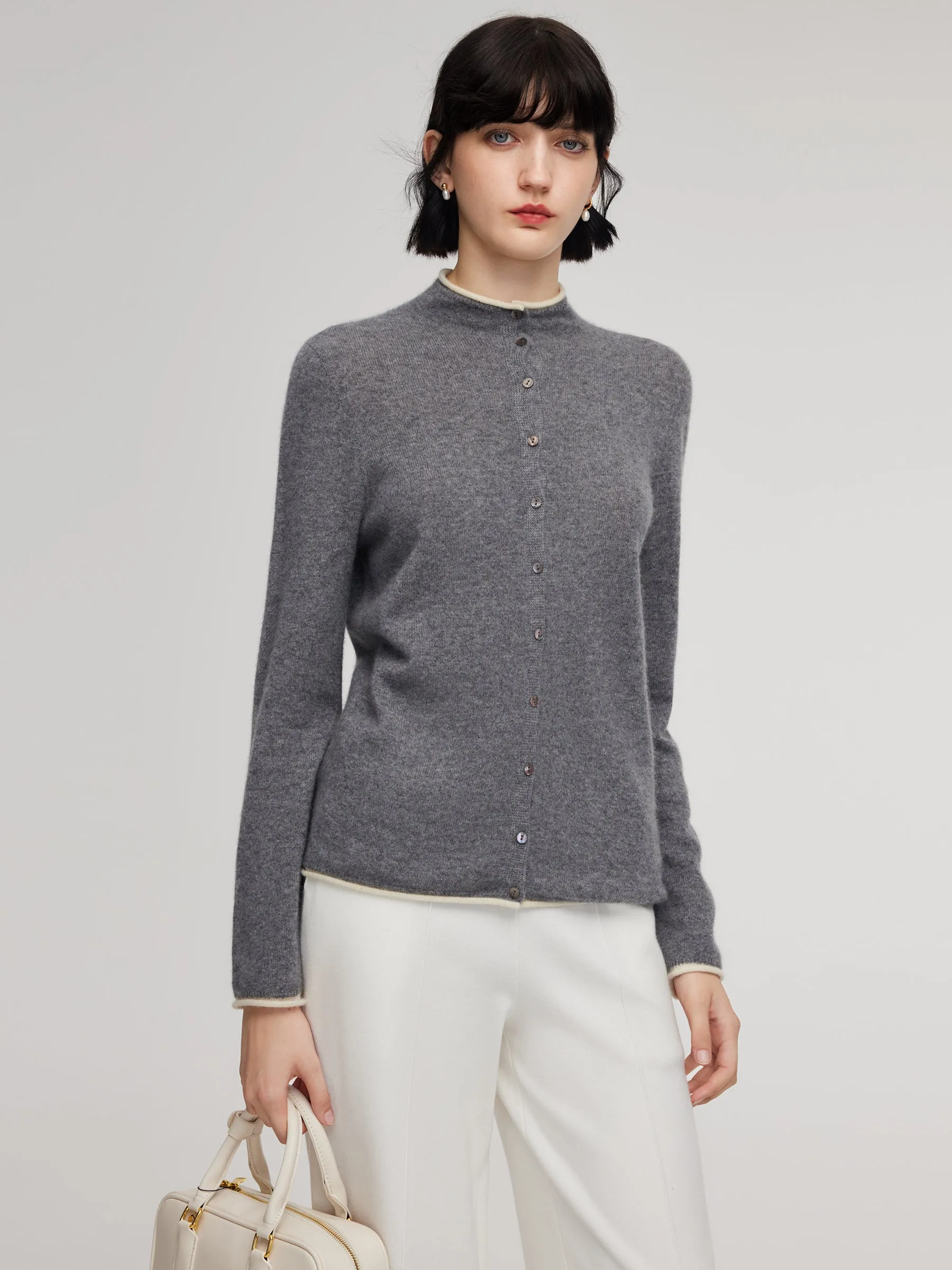 100% Cashmere Seamless Contrast Trim Women Cardigan sold by Goelia product image thumbnail 4