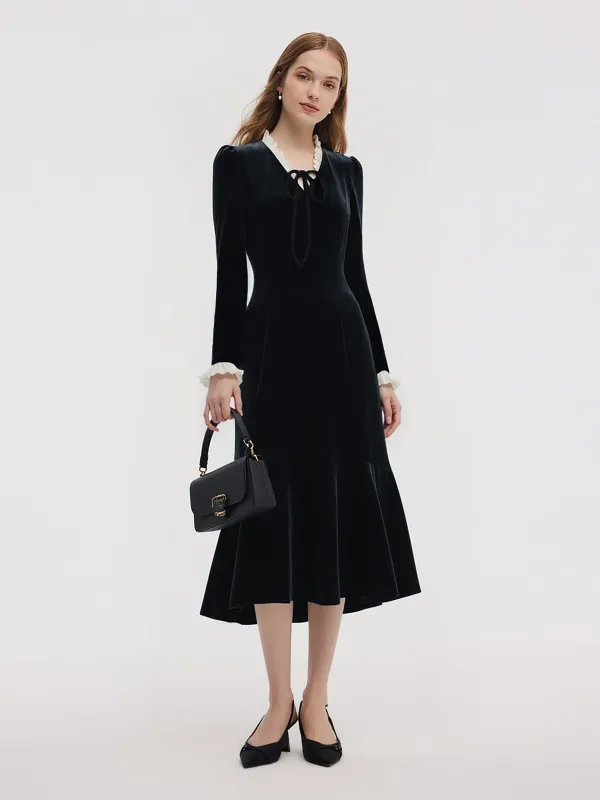 [Preview] Velvet Tie-Front Ruffle V-Neck Women Midi Dress With Scrunchie sold by Goelia