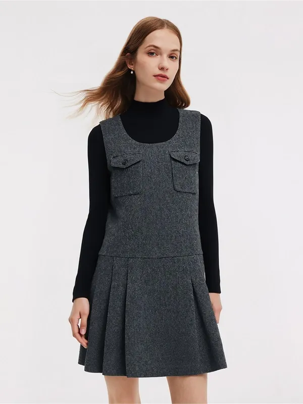 [Preview] 100% Washable Wool Pleated Tank Dress And Knit Top Two-Piece Set sold by Goelia