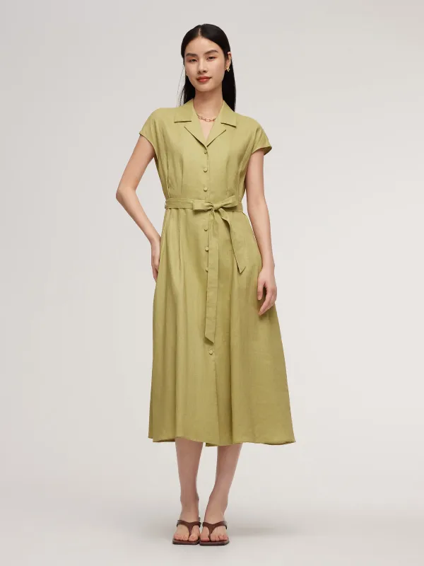 100% Linen Gathered Waist Women Self-Tie Belt Maxi Dress sold by Goelia