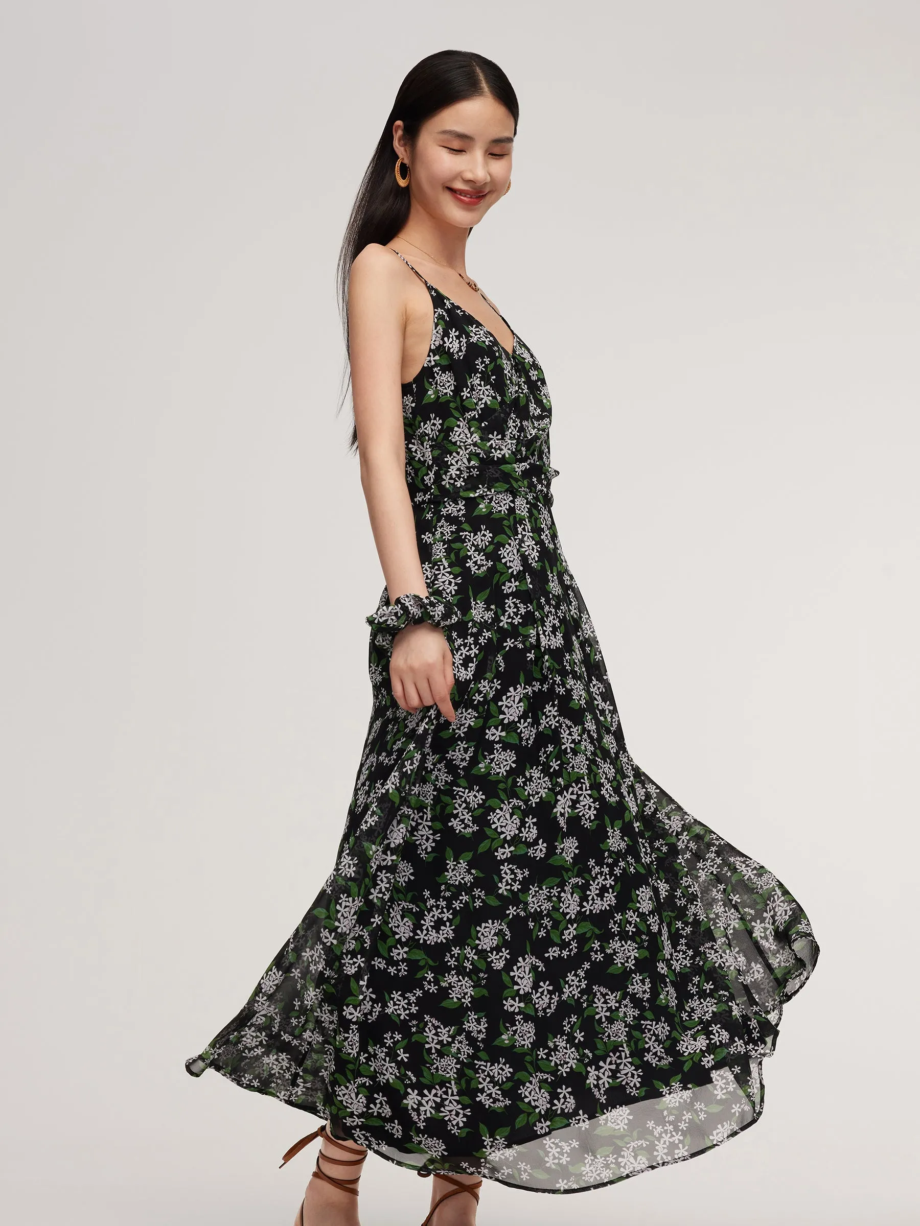 10MM Mulberry Silk Floral Print Women Strap Maxi Dress With Scrunchie sold by Goelia product image thumbnail 2