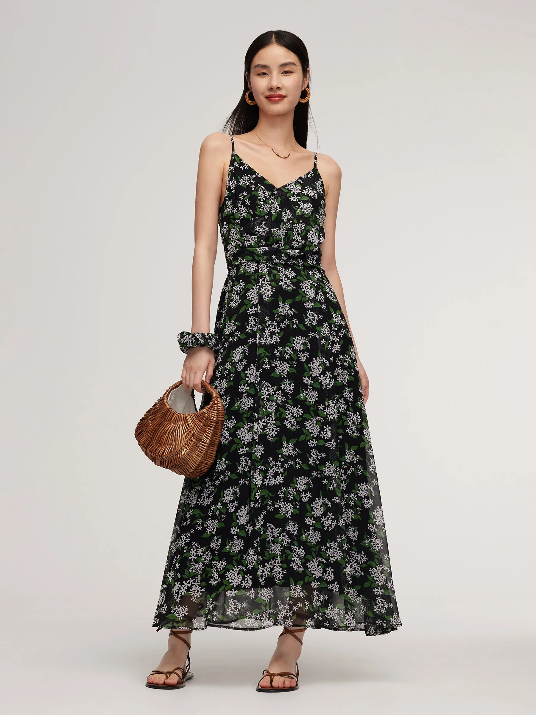 10MM Mulberry Silk Floral Print Women Strap Maxi Dress With Scrunchie sold by Goelia