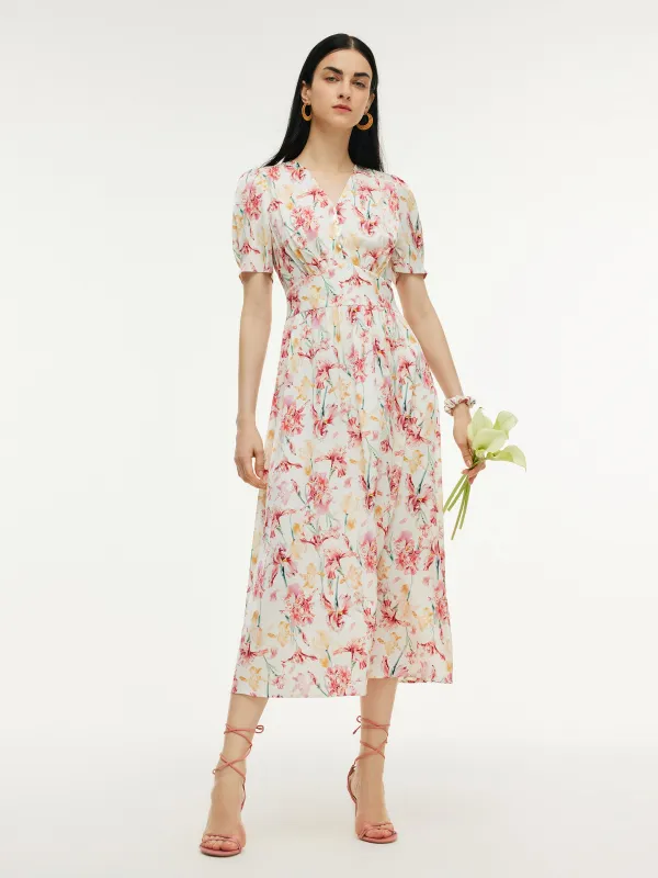 19MM Mulberry Silk Floral Print V-Neck Women Maxi Dress With Scrunchie sold by Goelia