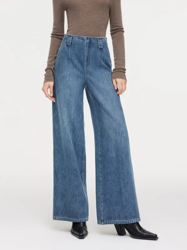 100% Cotton Denim Fleece Lined Women Wide Leg Jeans sold by Goelia