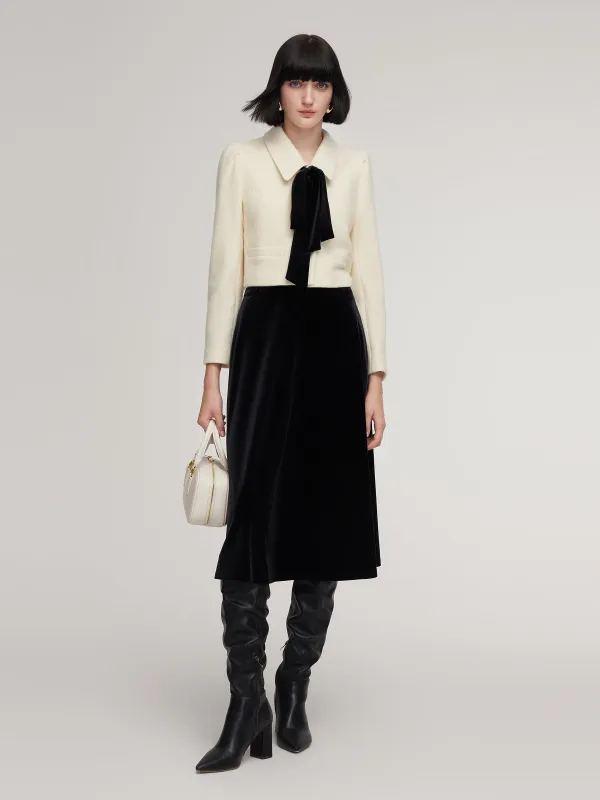 [Preview] 100% Wool Jacket And Velvet Skirt Two-Piece Set With Ribbon sold by Goelia