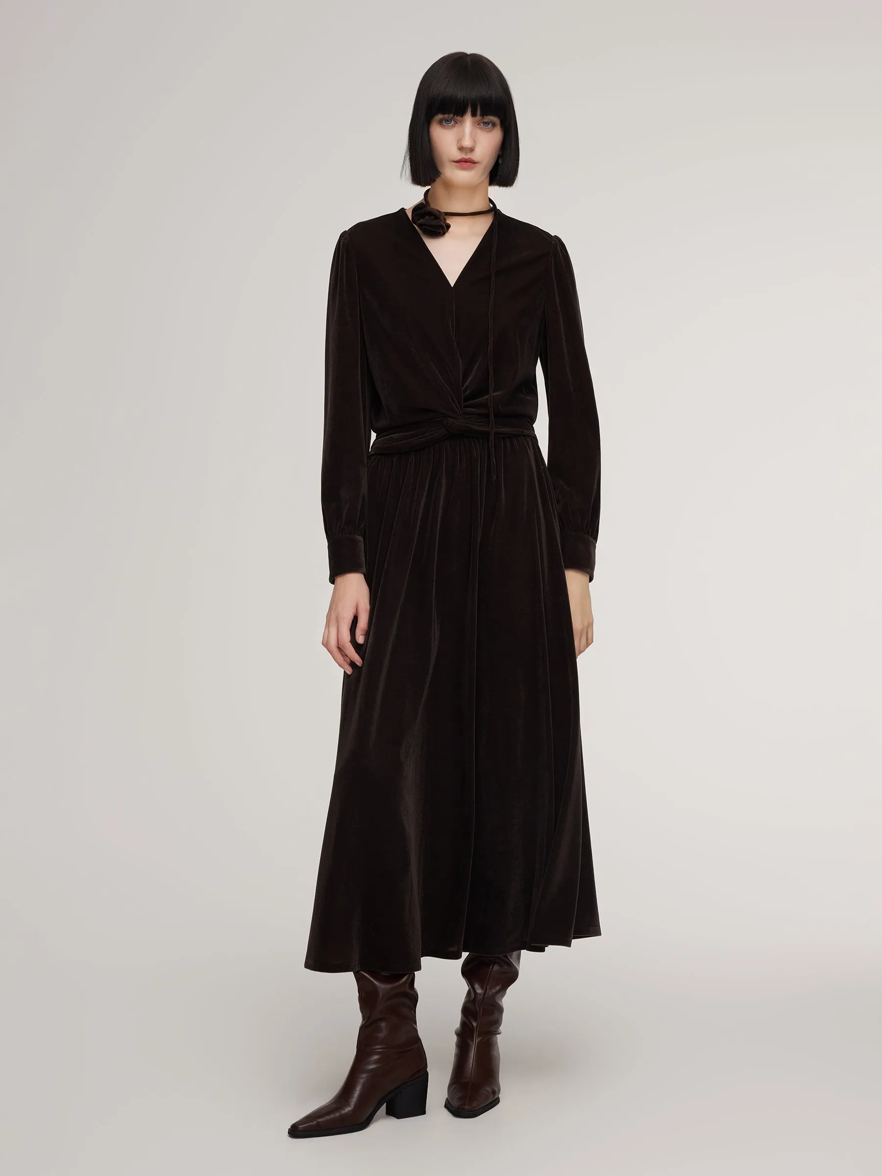 Velvet Twist Front Knit Top And Skirt Two-Piece Set With Floral Ribbon sold by Goelia