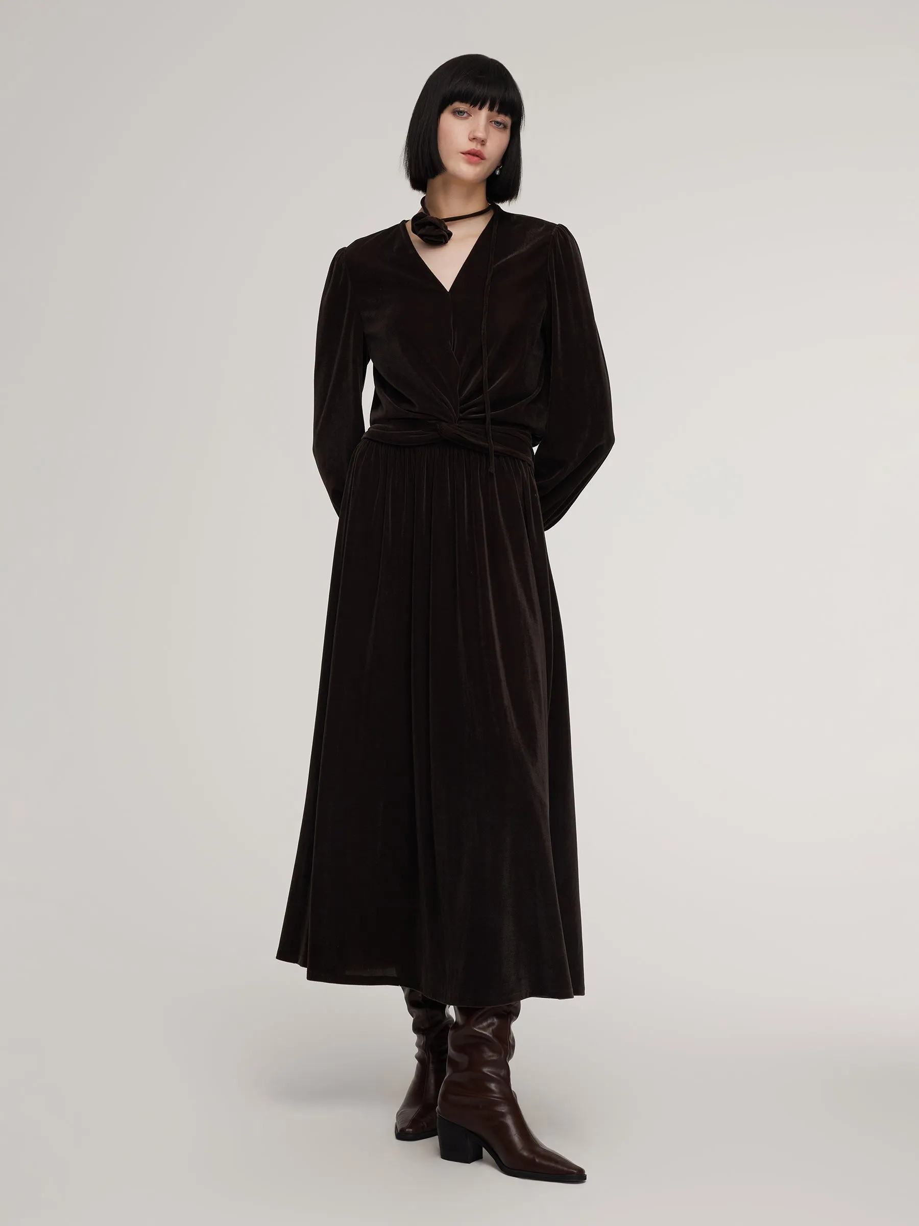 Velvet Twist Front Knit Top And Skirt Two-Piece Set With Floral Ribbon sold by Goelia product image thumbnail 2