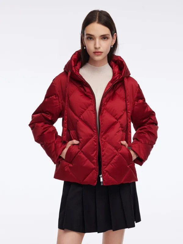Diamond Quilted Cocoon Drawstring Hooded Goose Down Jacket sold by Goelia