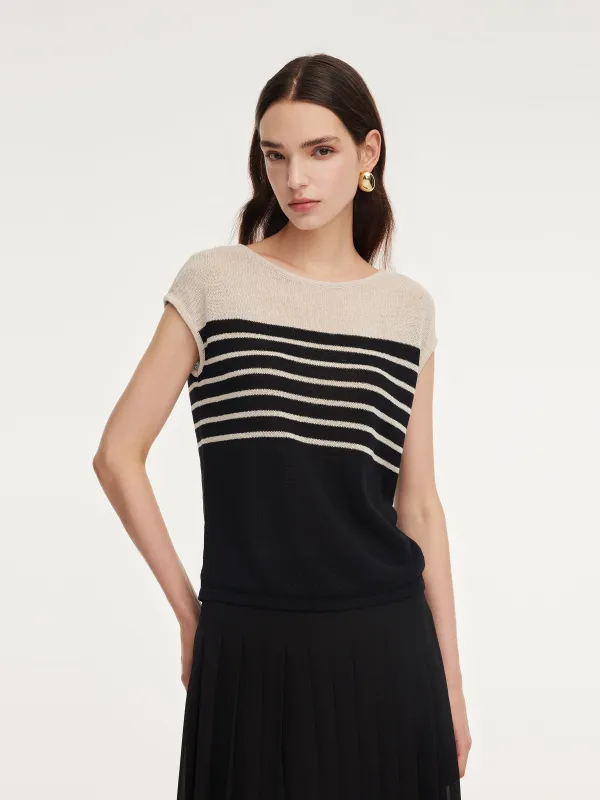 Linen Cotton Blend Stripe Color Block Women Knit Top sold by Goelia