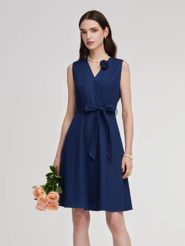 Denim Gathered Waist Sleeveless Women Self-Tie Belt Mini Dress sold by Goelia