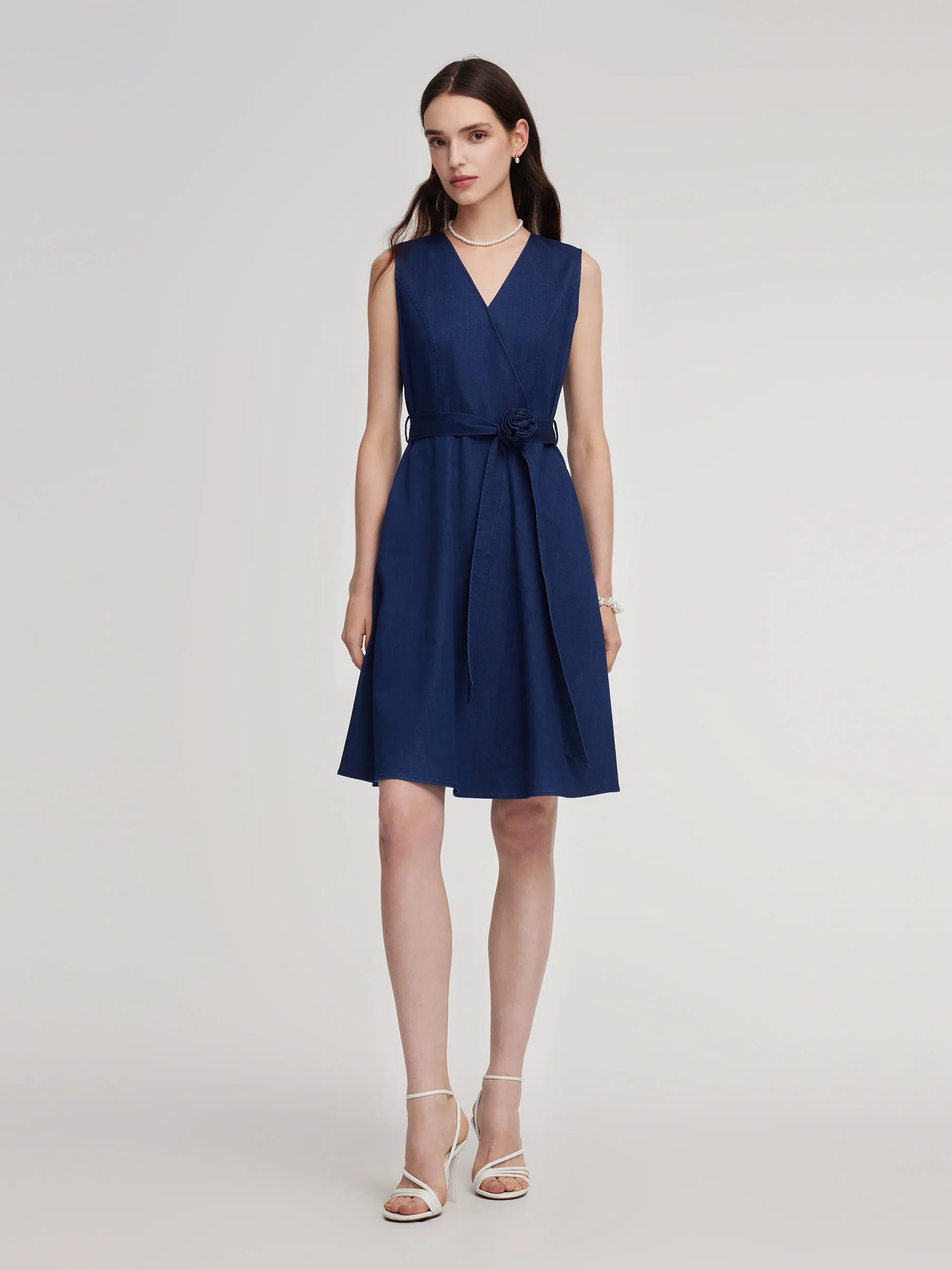 Denim Gathered Waist Sleeveless Women Self-Tie Belt Mini Dress sold by Goelia product image thumbnail 2