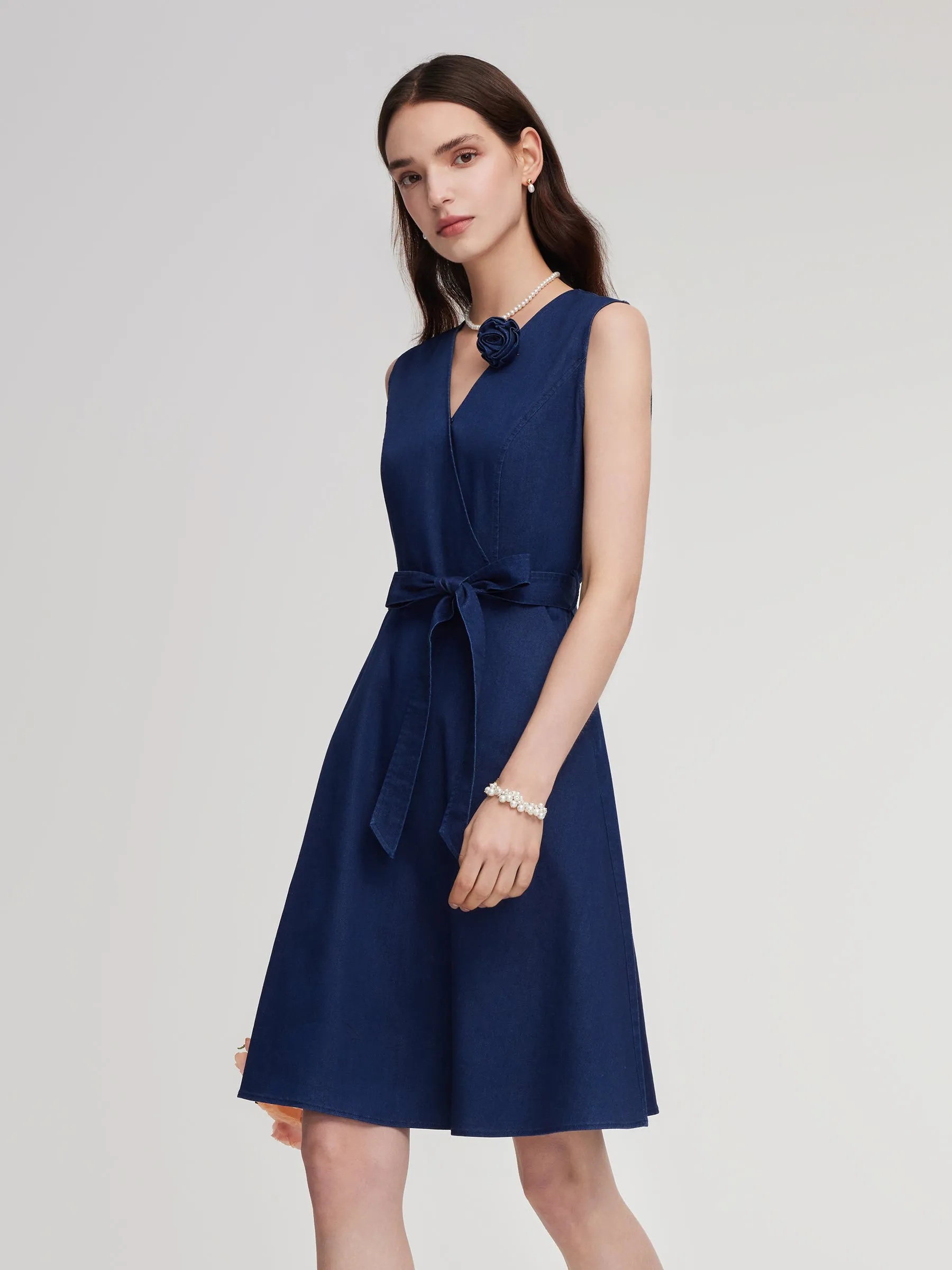 Denim Gathered Waist Sleeveless Women Self-Tie Belt Mini Dress sold by Goelia product image thumbnail 5