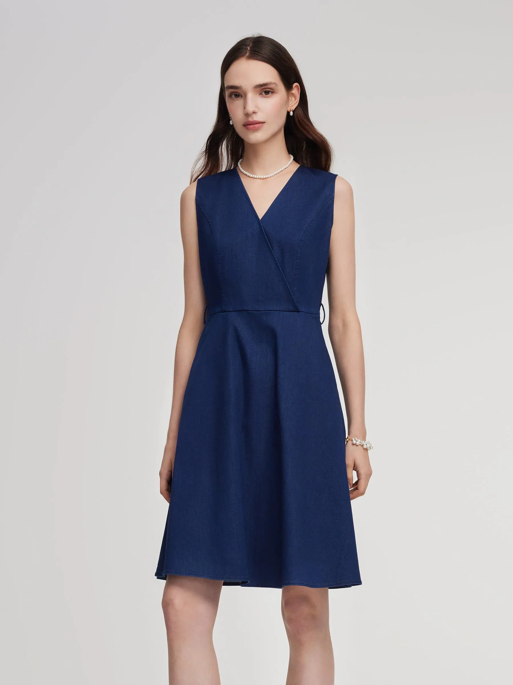 Denim Gathered Waist Sleeveless Women Self-Tie Belt Mini Dress sold by Goelia product image thumbnail 4