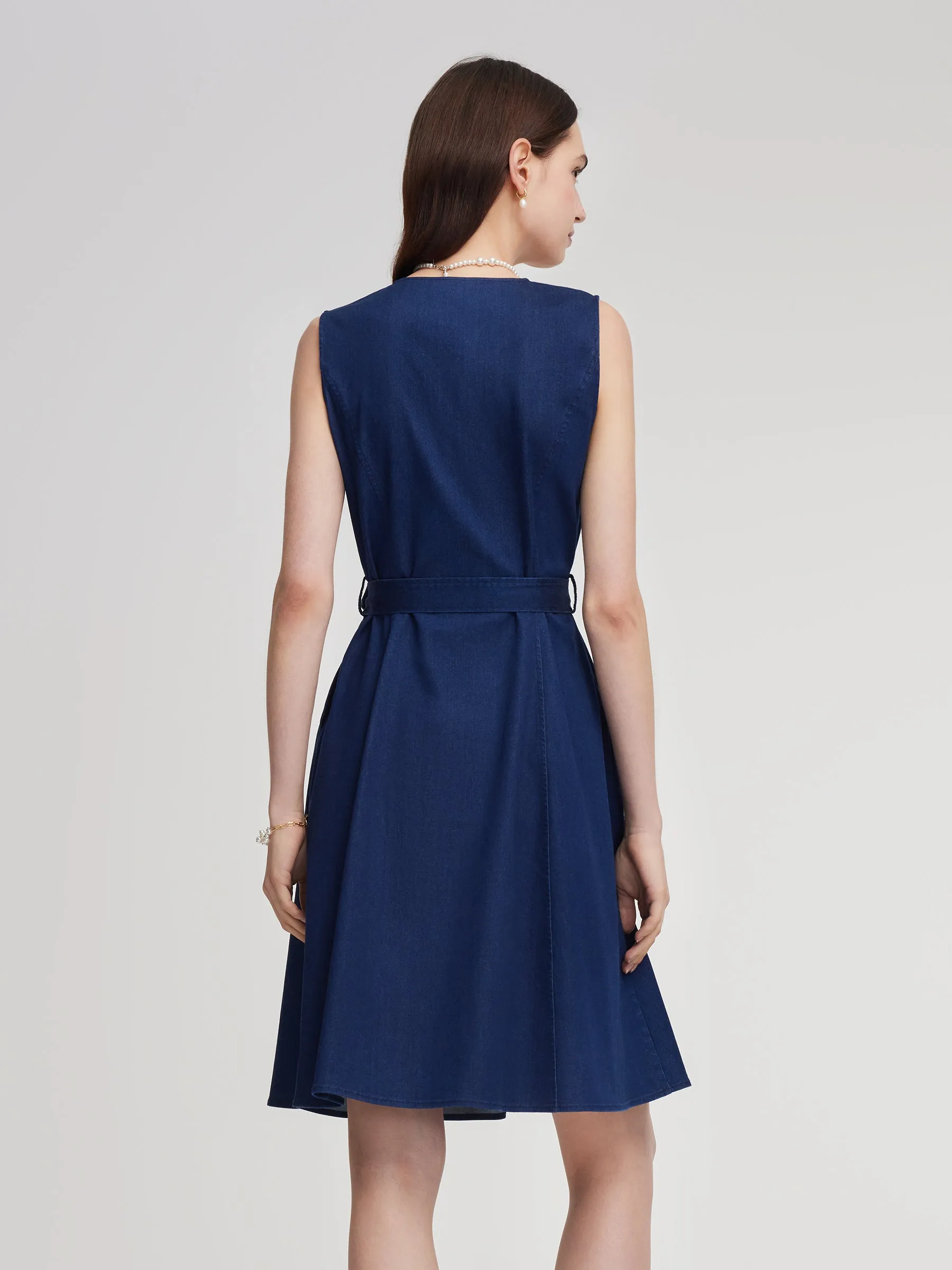Denim Gathered Waist Sleeveless Women Self-Tie Belt Mini Dress sold by Goelia product image thumbnail 3