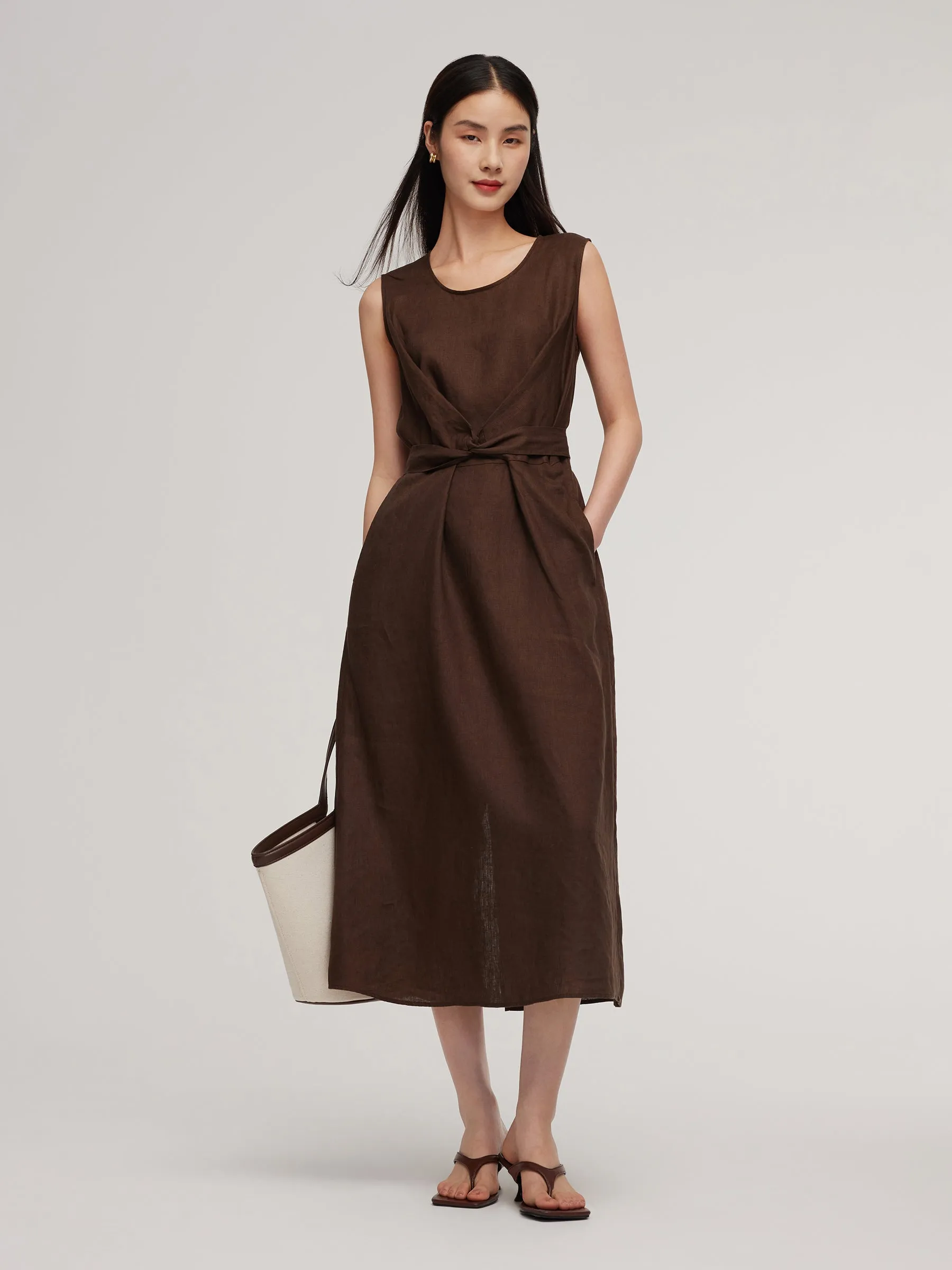 100% Linen Twist Front Women Sleeveless Maxi Dress sold by Goelia