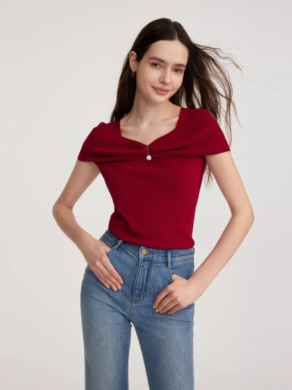 Lyocell Blend Off Shoulder Women Knit Top With Detachable Magnetic Flower sold by Goelia