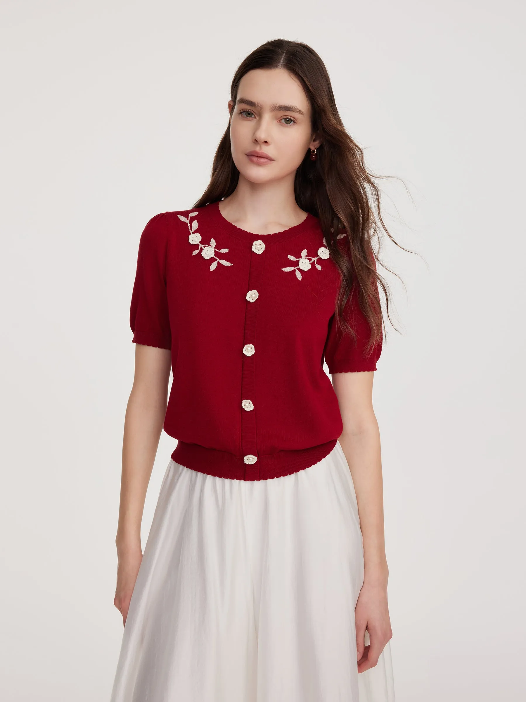 Lyocell Blend Jacquard Women Knit Top With Detachable Knit Flowers sold by Goelia