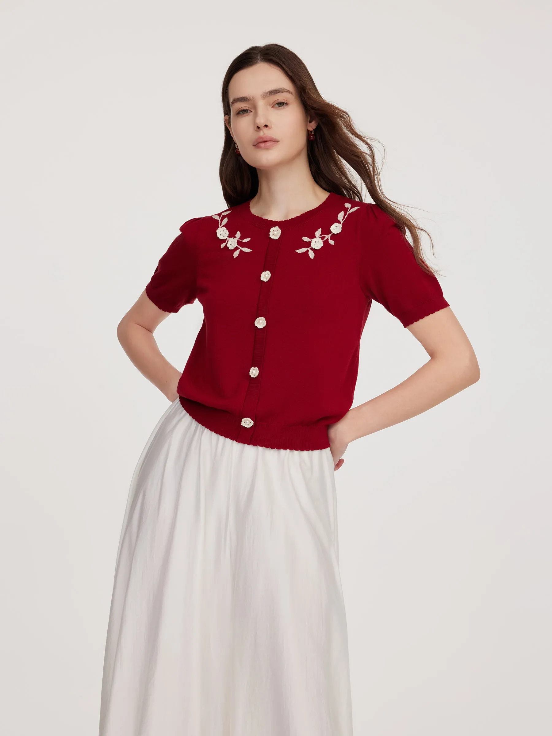 Lyocell Blend Jacquard Women Knit Top With Detachable Knit Flowers sold by Goelia product image thumbnail 5