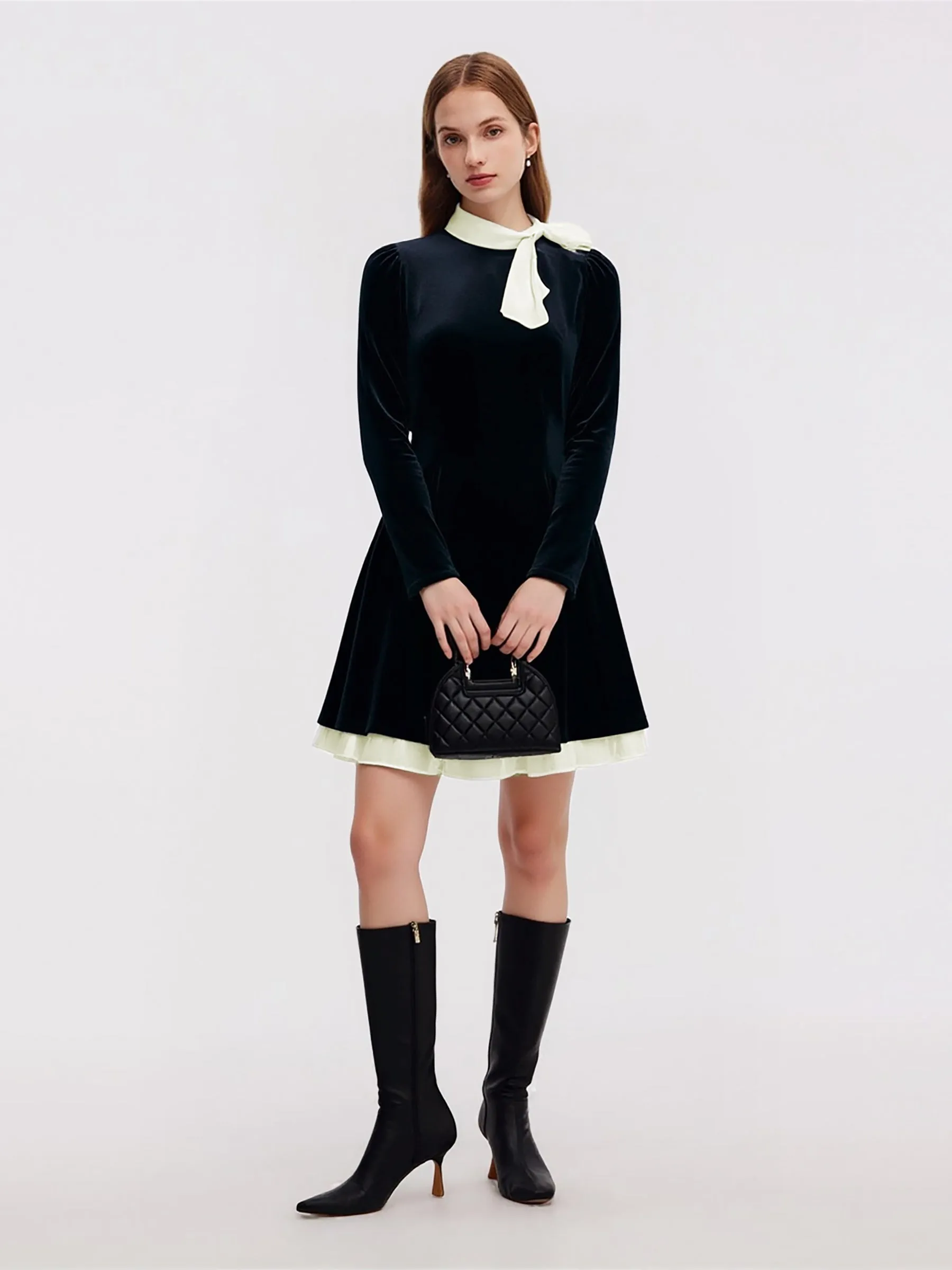 Velvet Long Sleeve Women Mini Dress With Detachable Bowknot sold by Goelia product image thumbnail 3