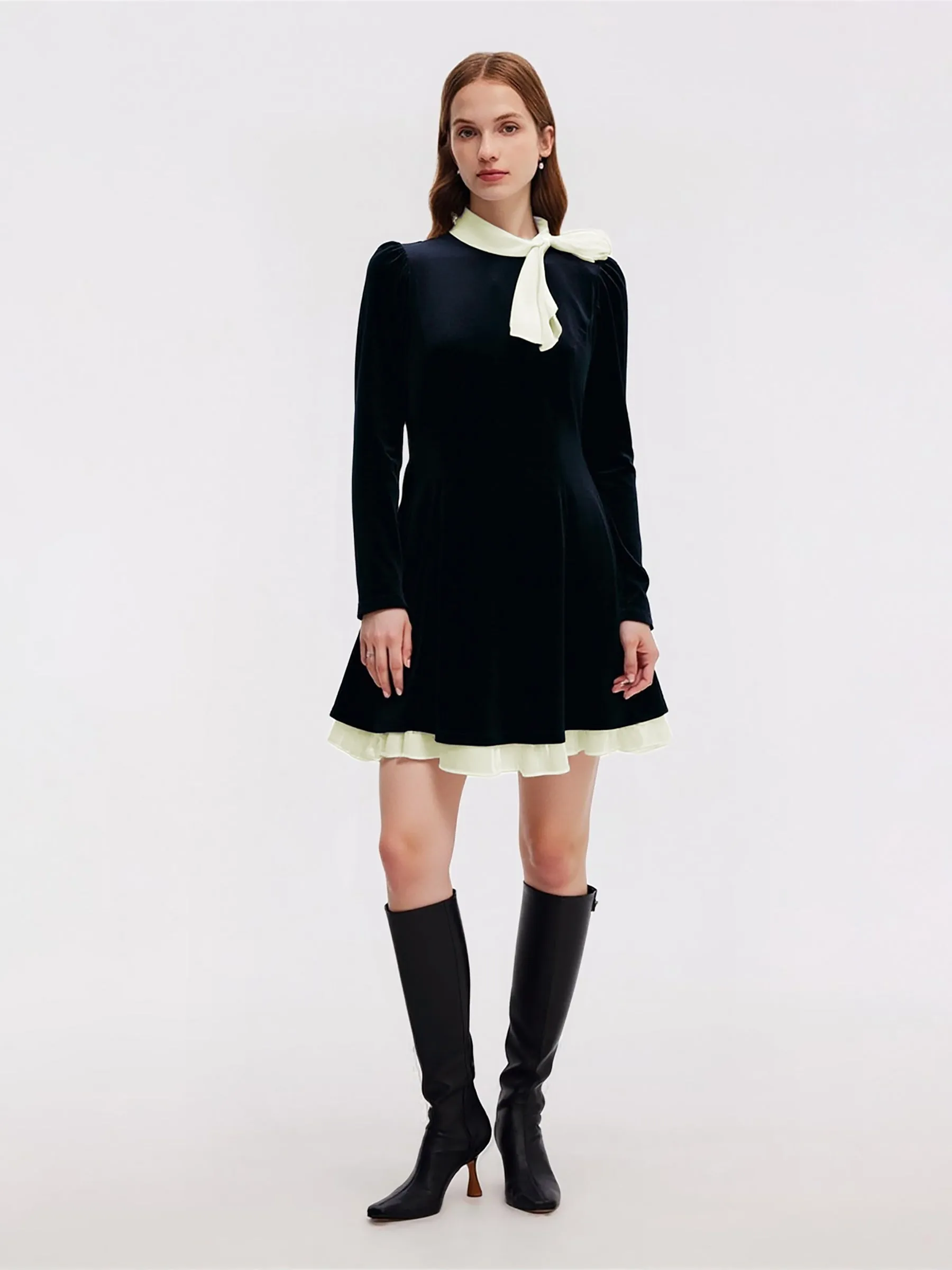 Velvet Long Sleeve Women Mini Dress With Detachable Bowknot sold by Goelia product image thumbnail 2