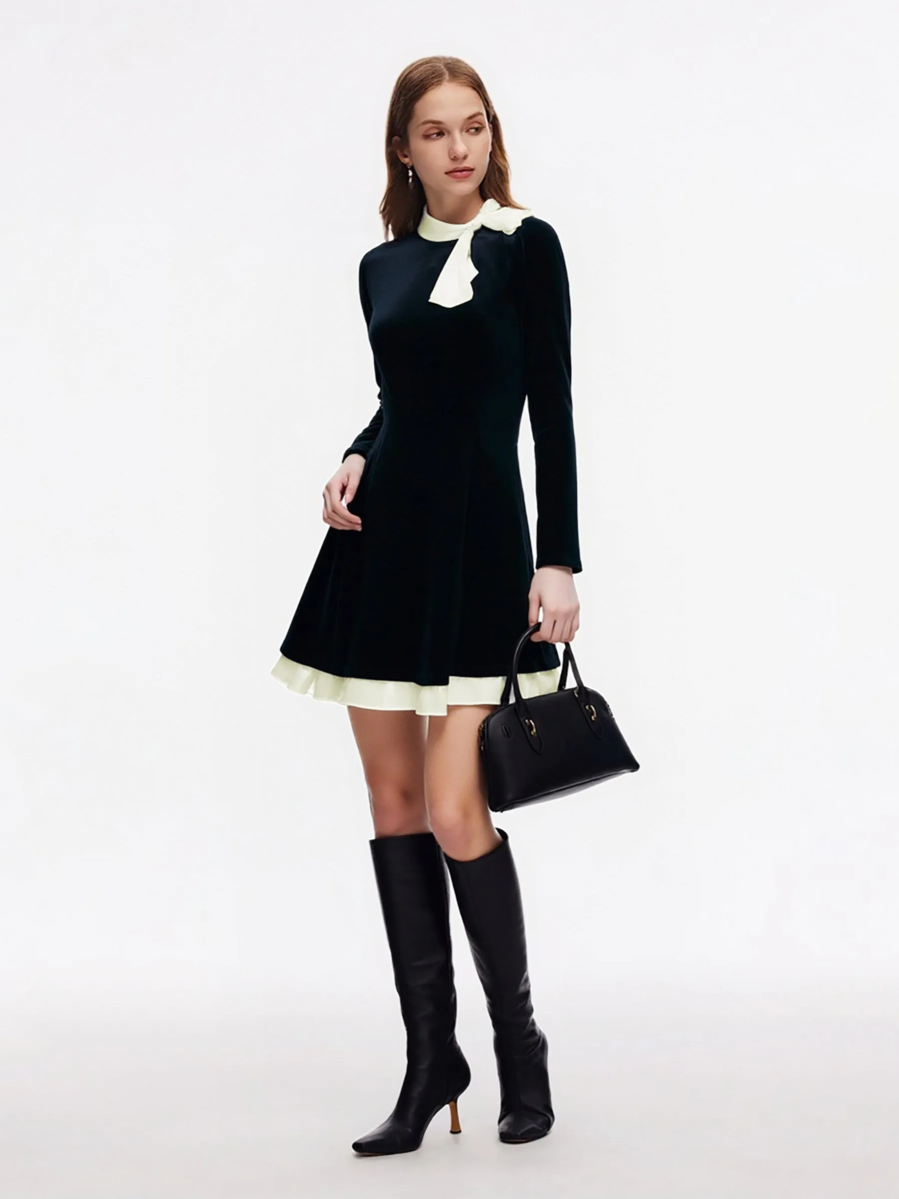 Velvet Long Sleeve Women Mini Dress With Detachable Bowknot sold by Goelia product image thumbnail 4