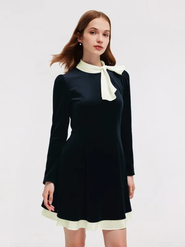 Velvet Long Sleeve Women Mini Dress With Detachable Bowknot made by Goelia