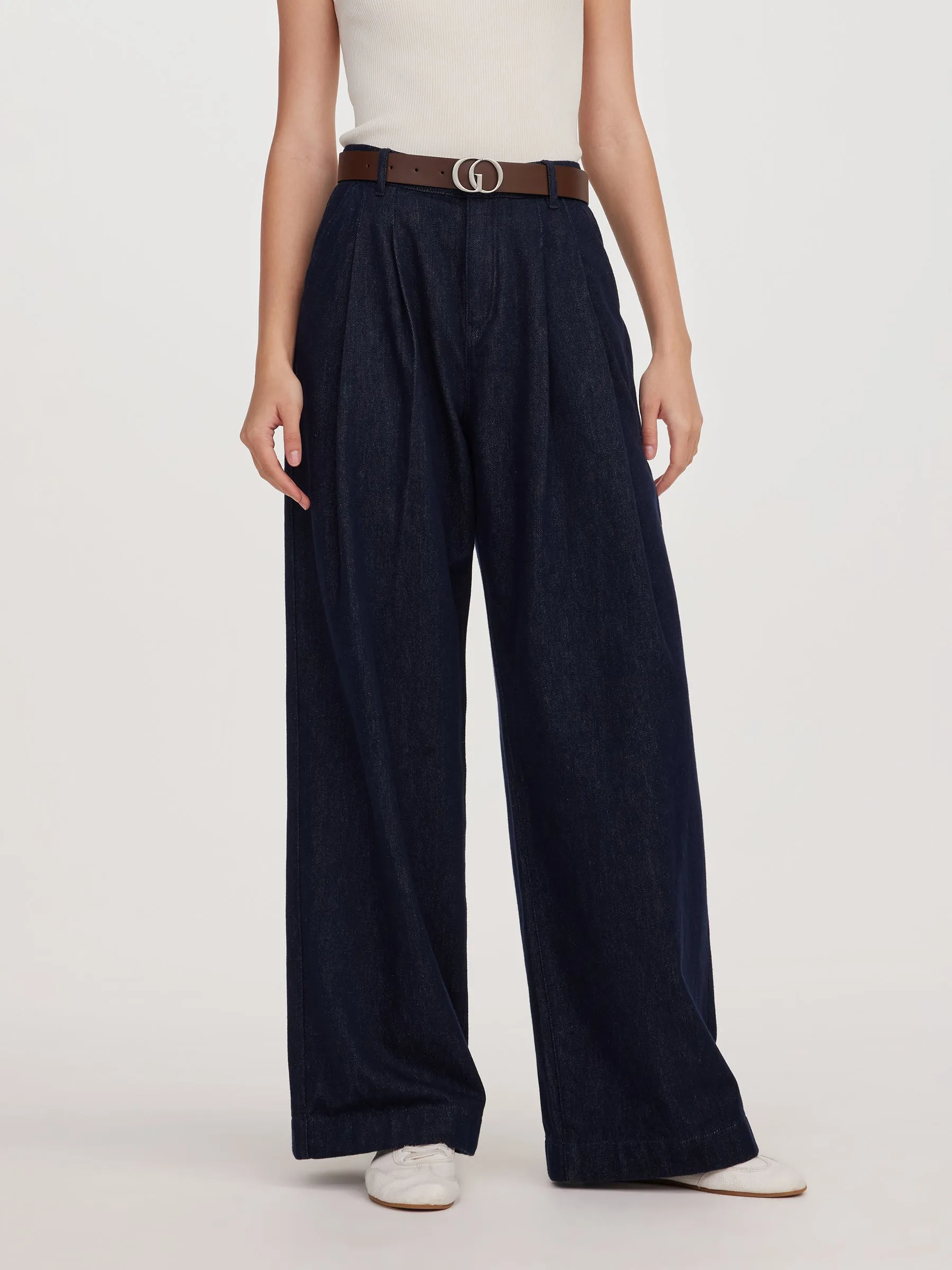 100% Cotton Denim Wide Leg Women Jeans With GO Letter Belt sold by Goelia