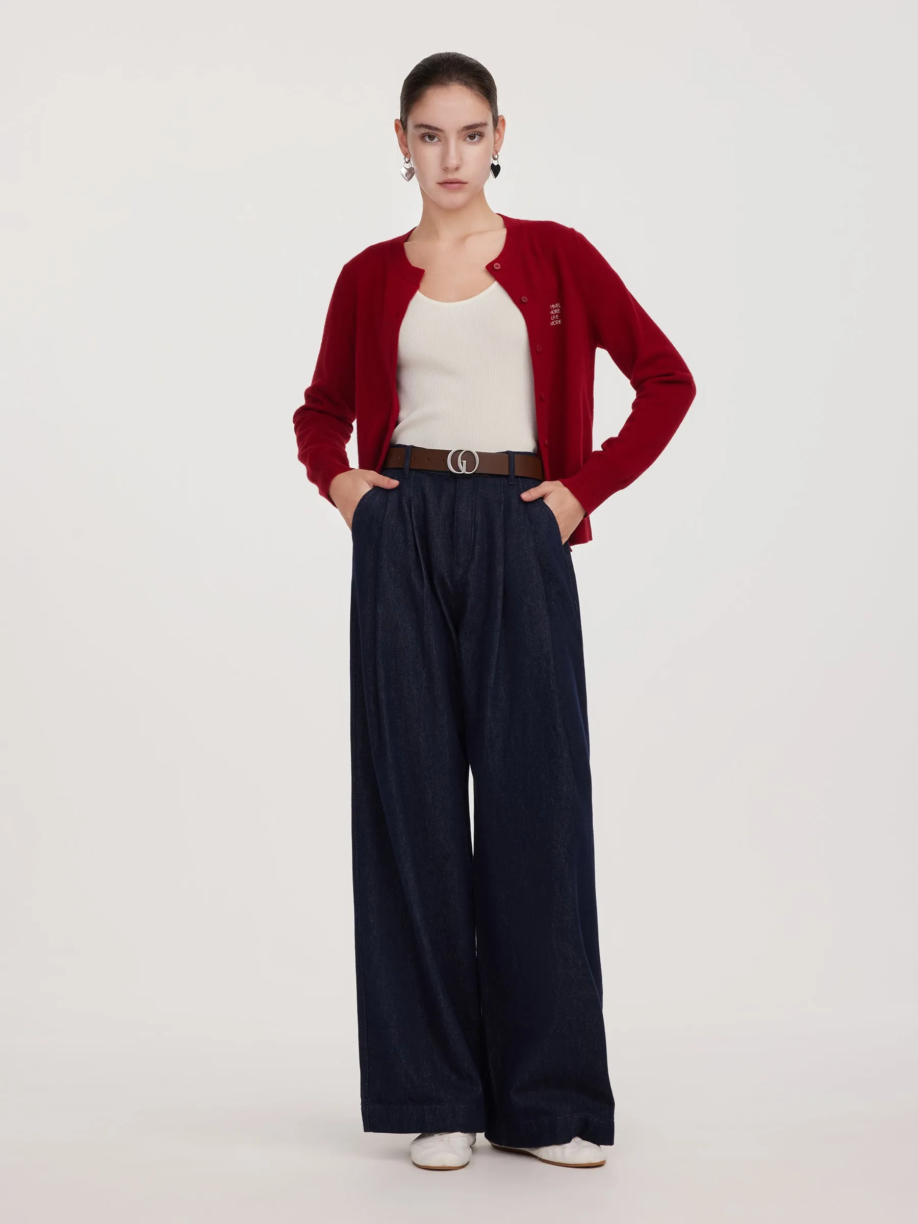 100% Cotton Denim Wide Leg Women Jeans With GO Letter Belt sold by Goelia product image thumbnail 3
