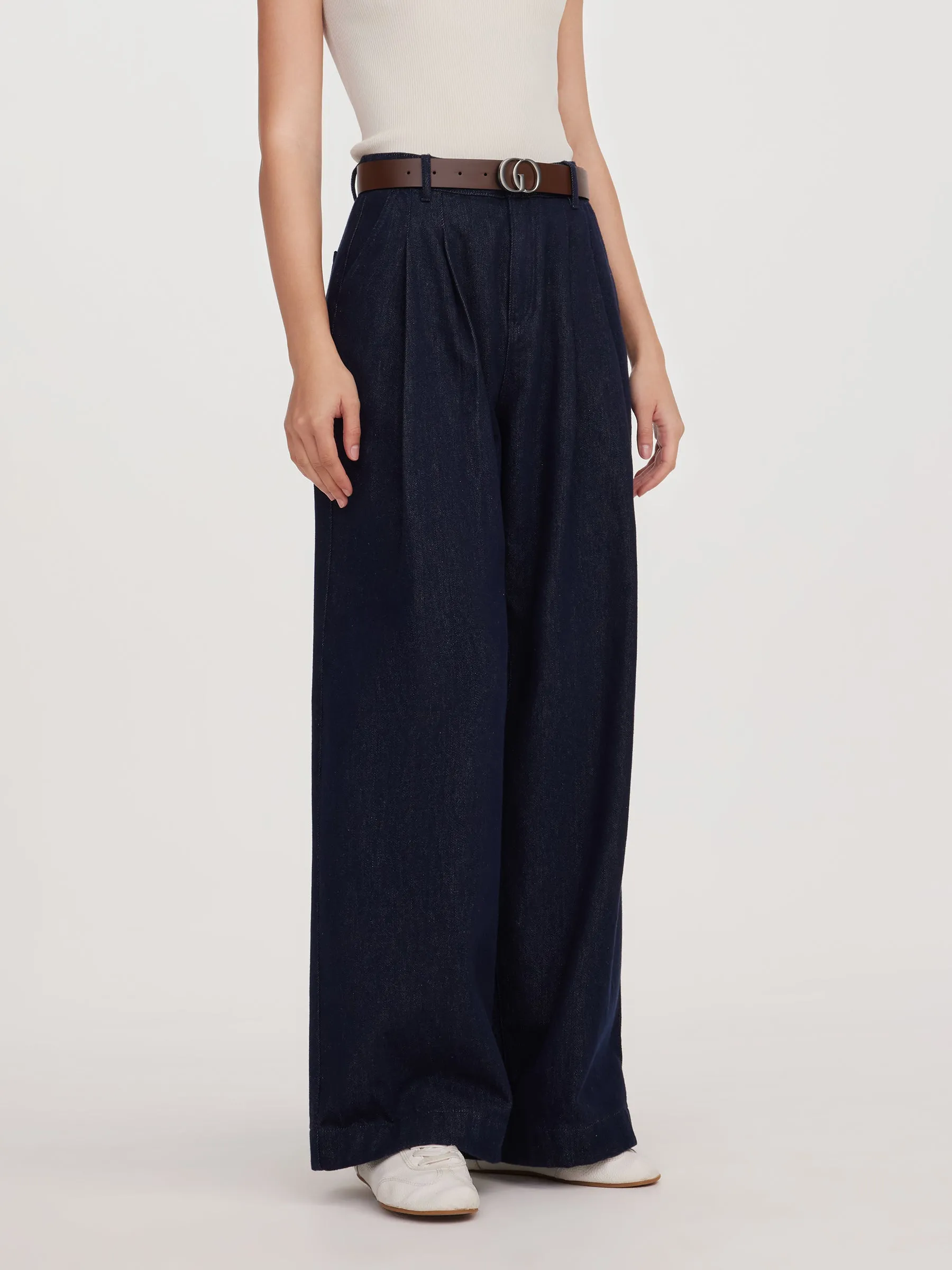 100% Cotton Denim Wide Leg Women Jeans With GO Letter Belt sold by Goelia product image thumbnail 2
