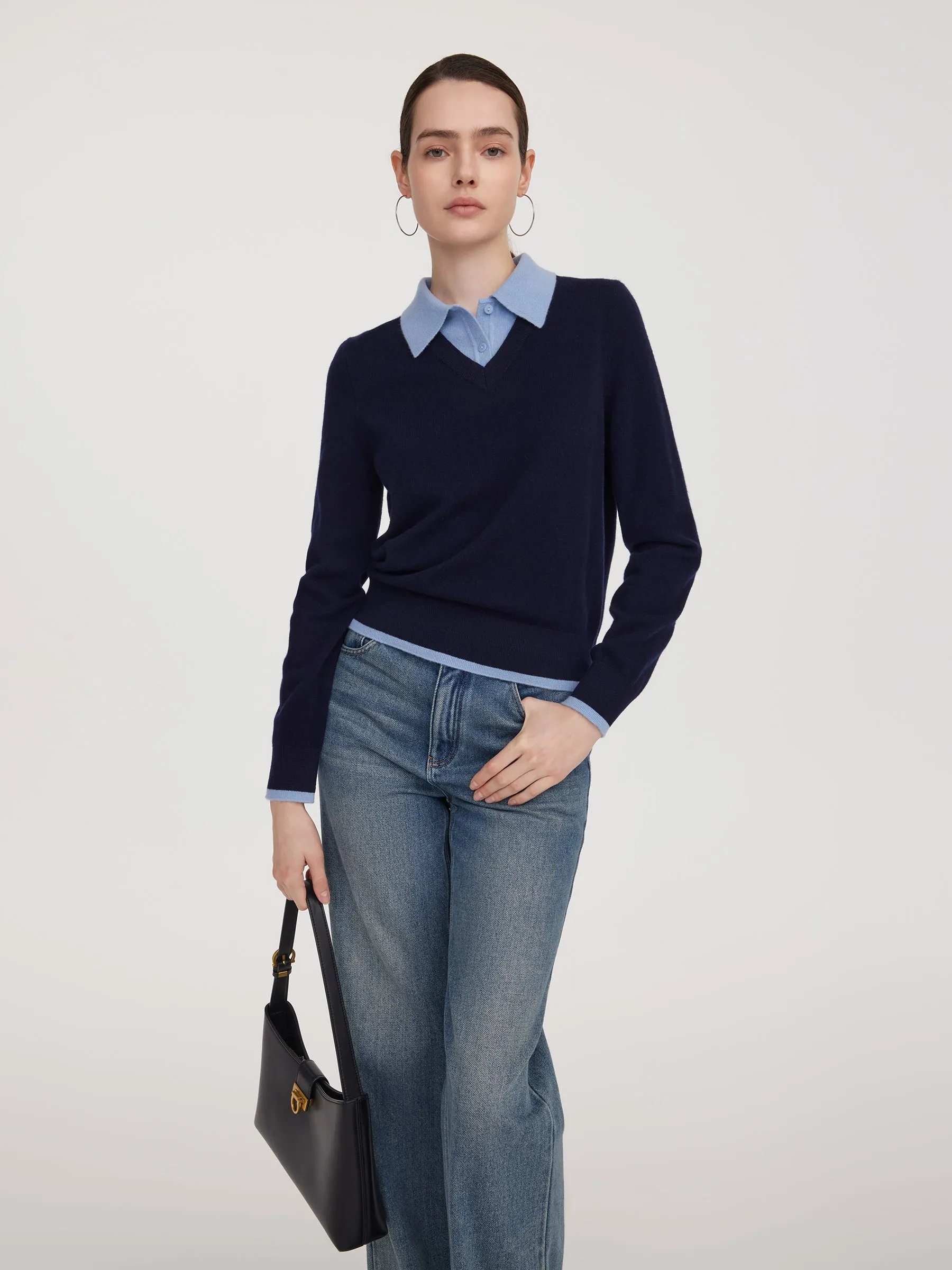 100% Wool Color Block Faux-Layered Women Sweater sold by Goelia