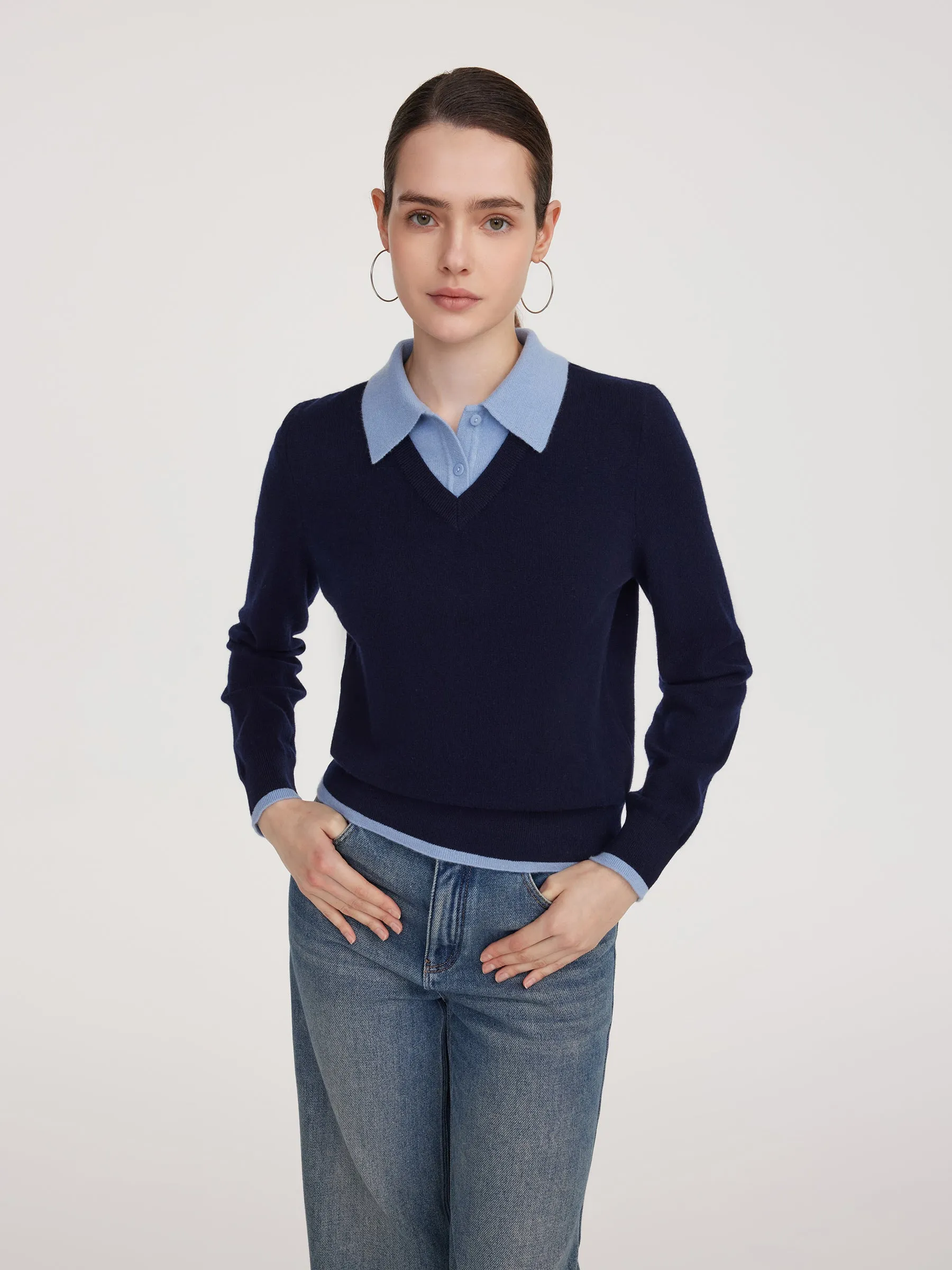 100% Wool Color Block Faux-Layered Women Sweater sold by Goelia product image thumbnail 2