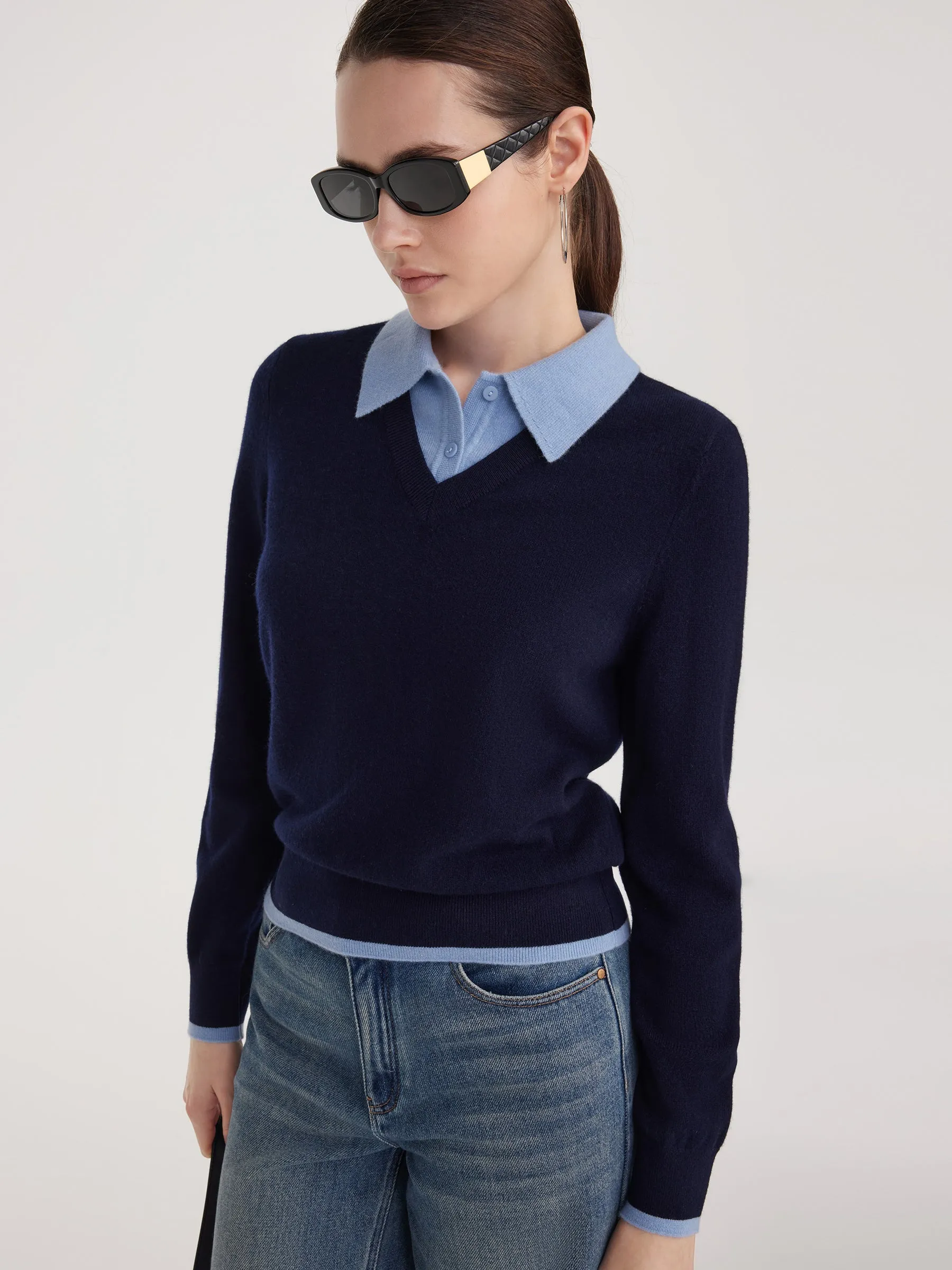 100% Wool Color Block Faux-Layered Women Sweater sold by Goelia product image thumbnail 5