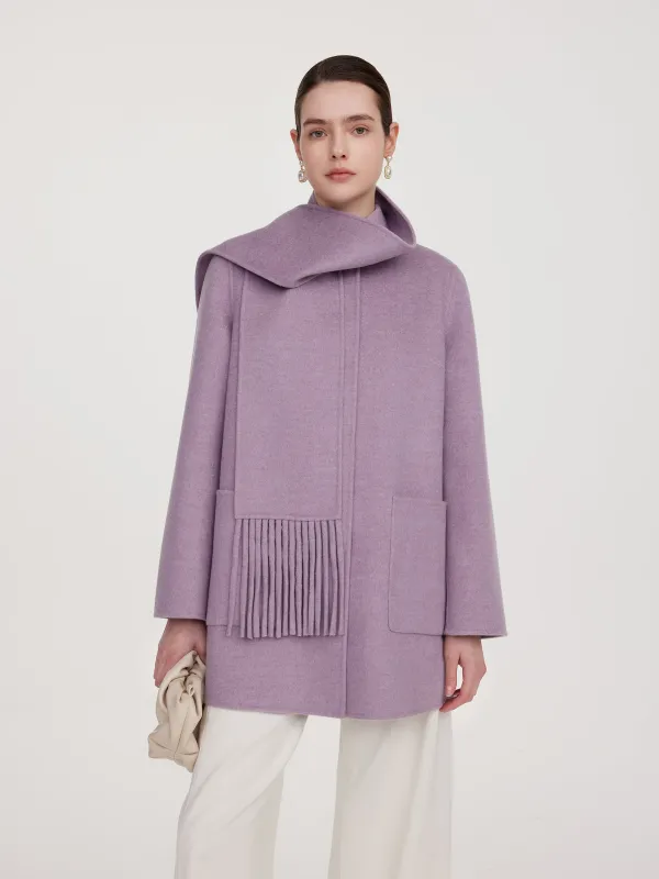 100% Wool Double-Faced Women Coat With Fringe Scarf sold by Goelia