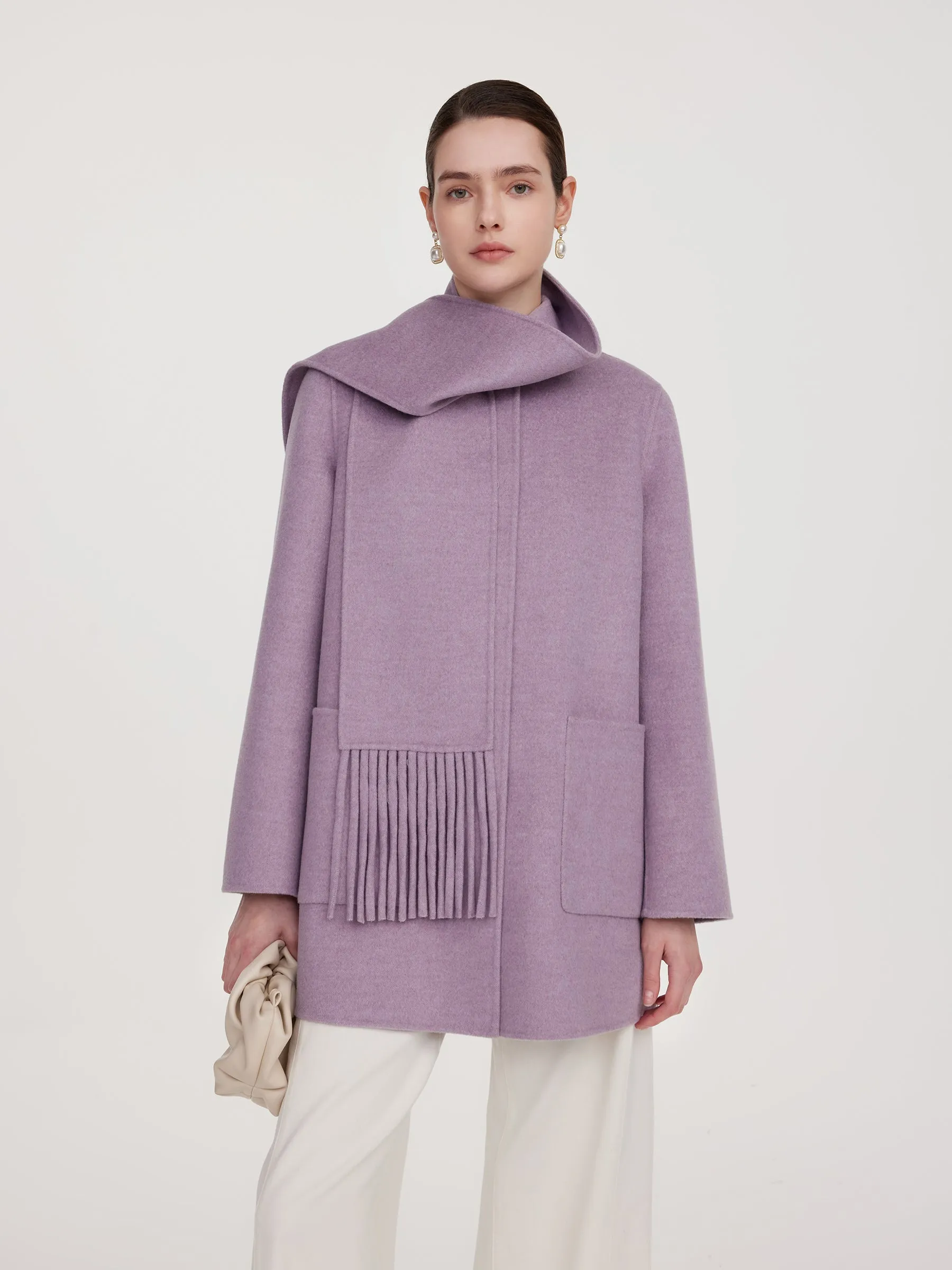 100% Wool Double-Faced Women Coat With Fringe Scarf sold by Goelia