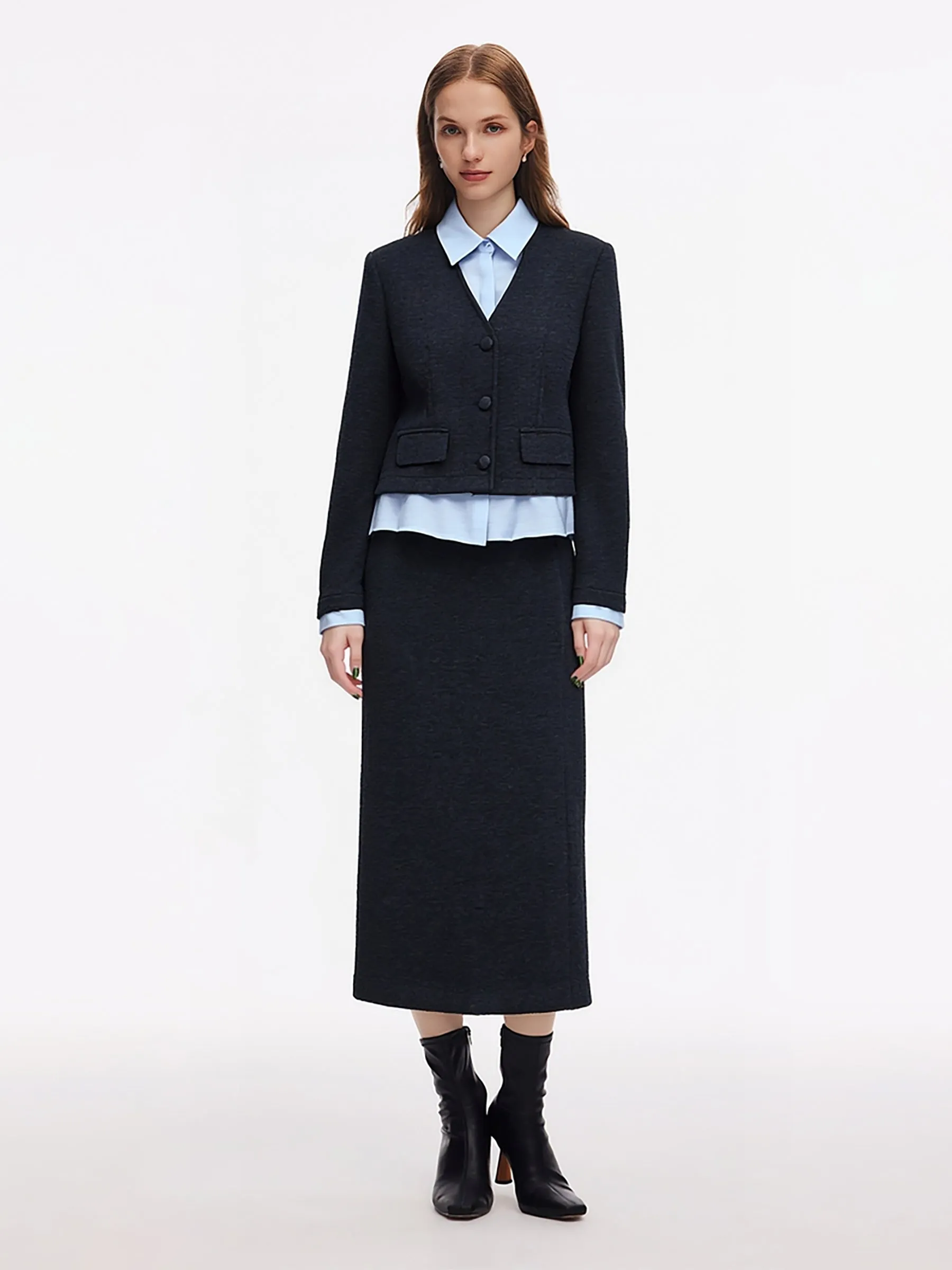 Mock Layered Knit Top And Skirt Two-Piece Set sold by Goelia