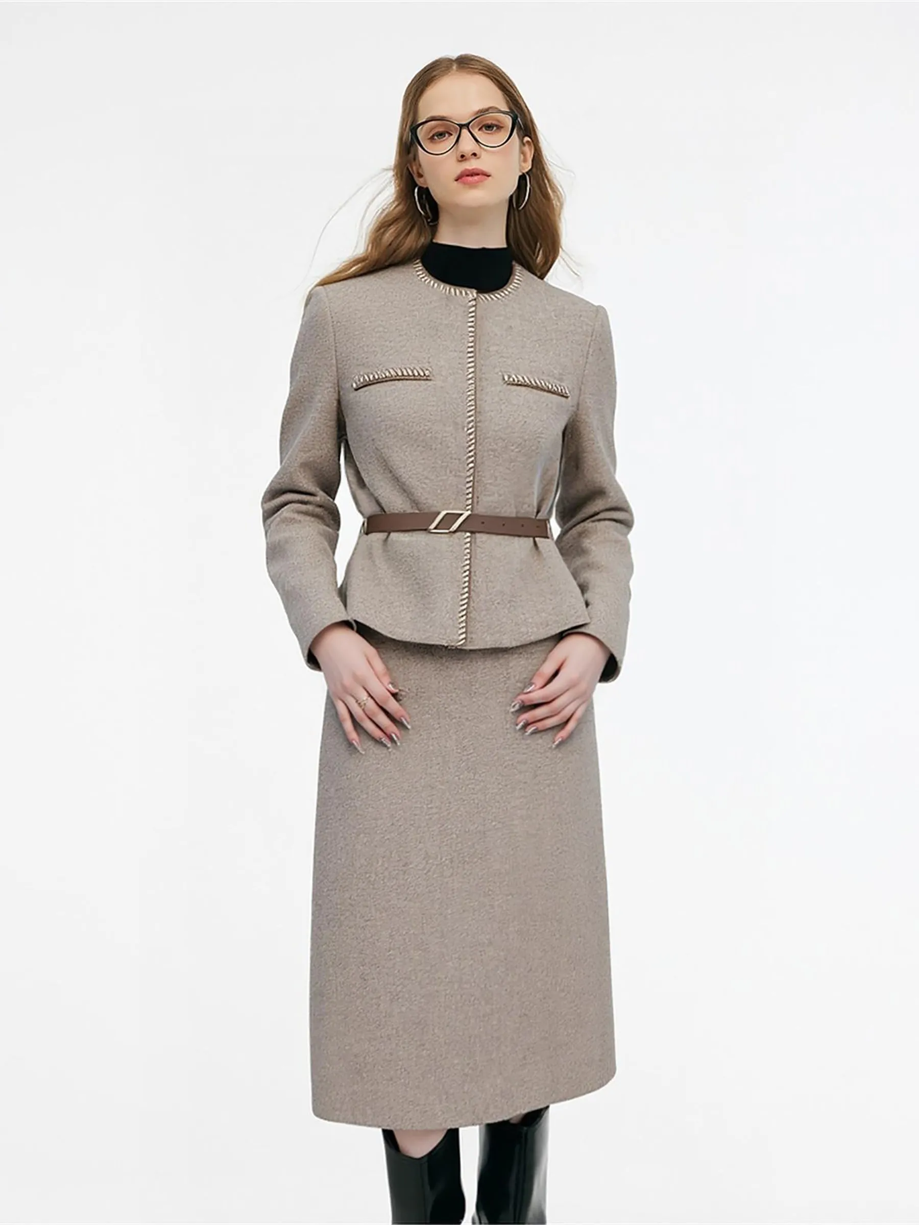 100% Washable Wool Jacket And Skirt Two-Piece Set With Belt sold by Goelia product image thumbnail 2