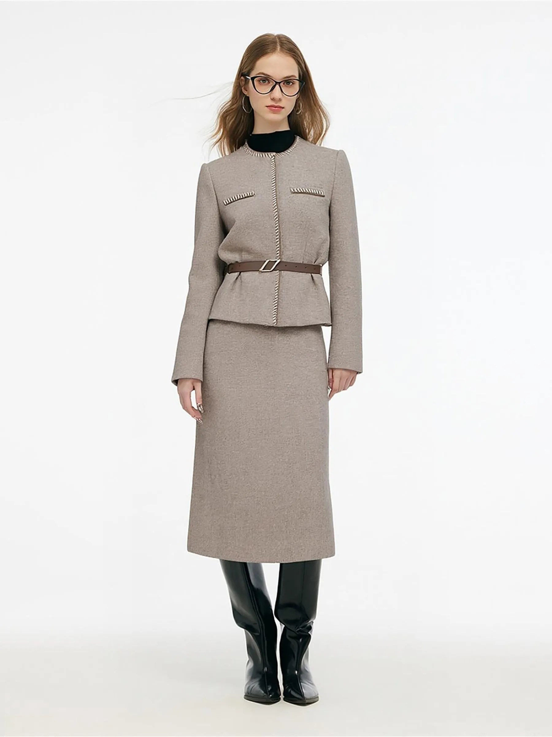 100% Washable Wool Jacket And Skirt Two-Piece Set With Belt sold by Goelia product image thumbnail 3