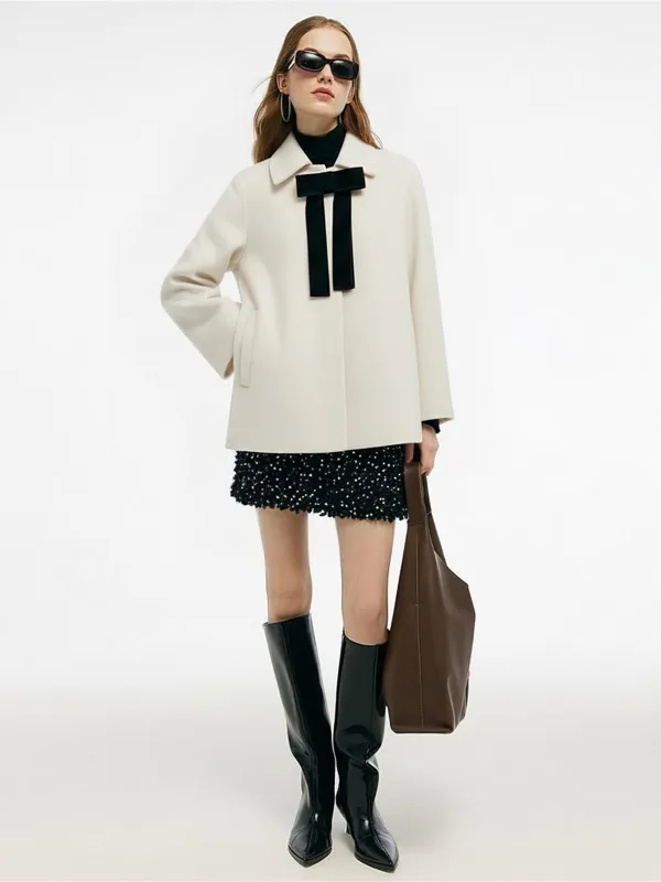 100% Wool Women Coat With Detachable Bowknot sold by Goelia