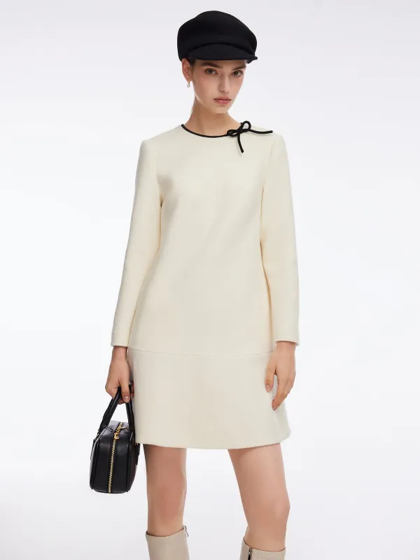 100% Wool Contrast Trim Neck A-Line Women Mini Dress sold by Goelia