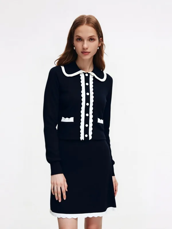 Tencel Wool Blend Contrast Trim Cardigan And Knit Skirt Two-Piece Set sold by Goelia