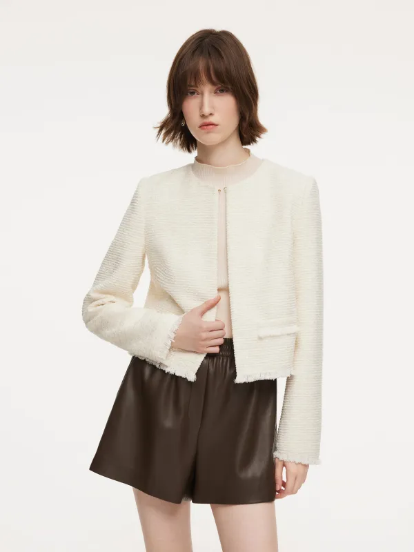 Tweed Round Neck Frayed Hem Women Cropped Jacket sold by Goelia