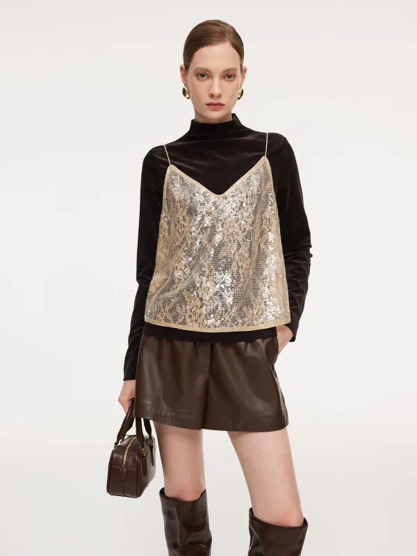 Lace Sequins Camisole And Velvet Knit Top Two-Piece Set made by Goelia