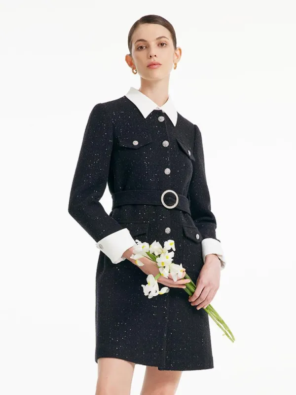 Removable Collar Tweed Waist-cinching Woolen Dress sold by Goelia
