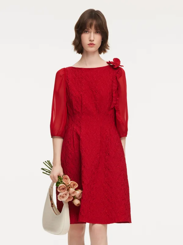 Chili Red Jacquard Boat Neck Women Midi Dress With Detachable Flower sold by Goelia