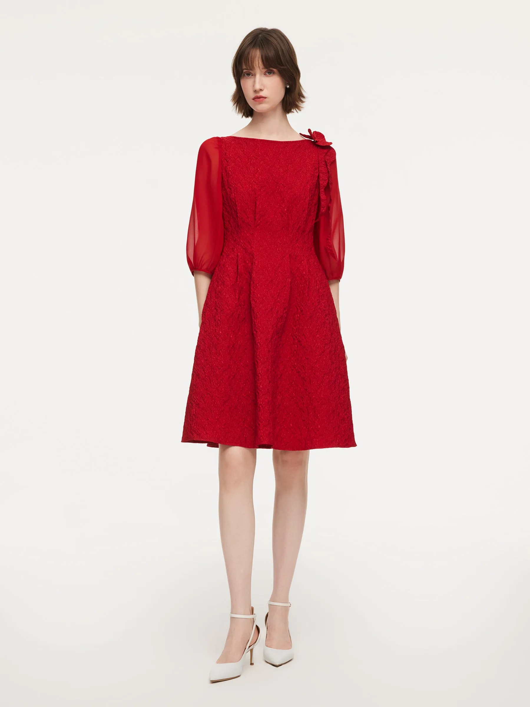 Chili Red Jacquard Boat Neck Women Midi Dress With Detachable Flower sold by Goelia product image thumbnail 2