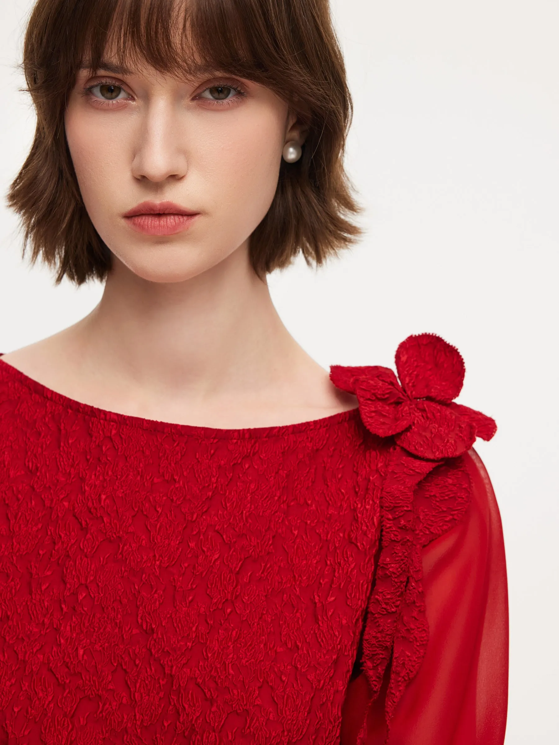 Chili Red Jacquard Boat Neck Women Midi Dress With Detachable Flower sold by Goelia product image thumbnail 5