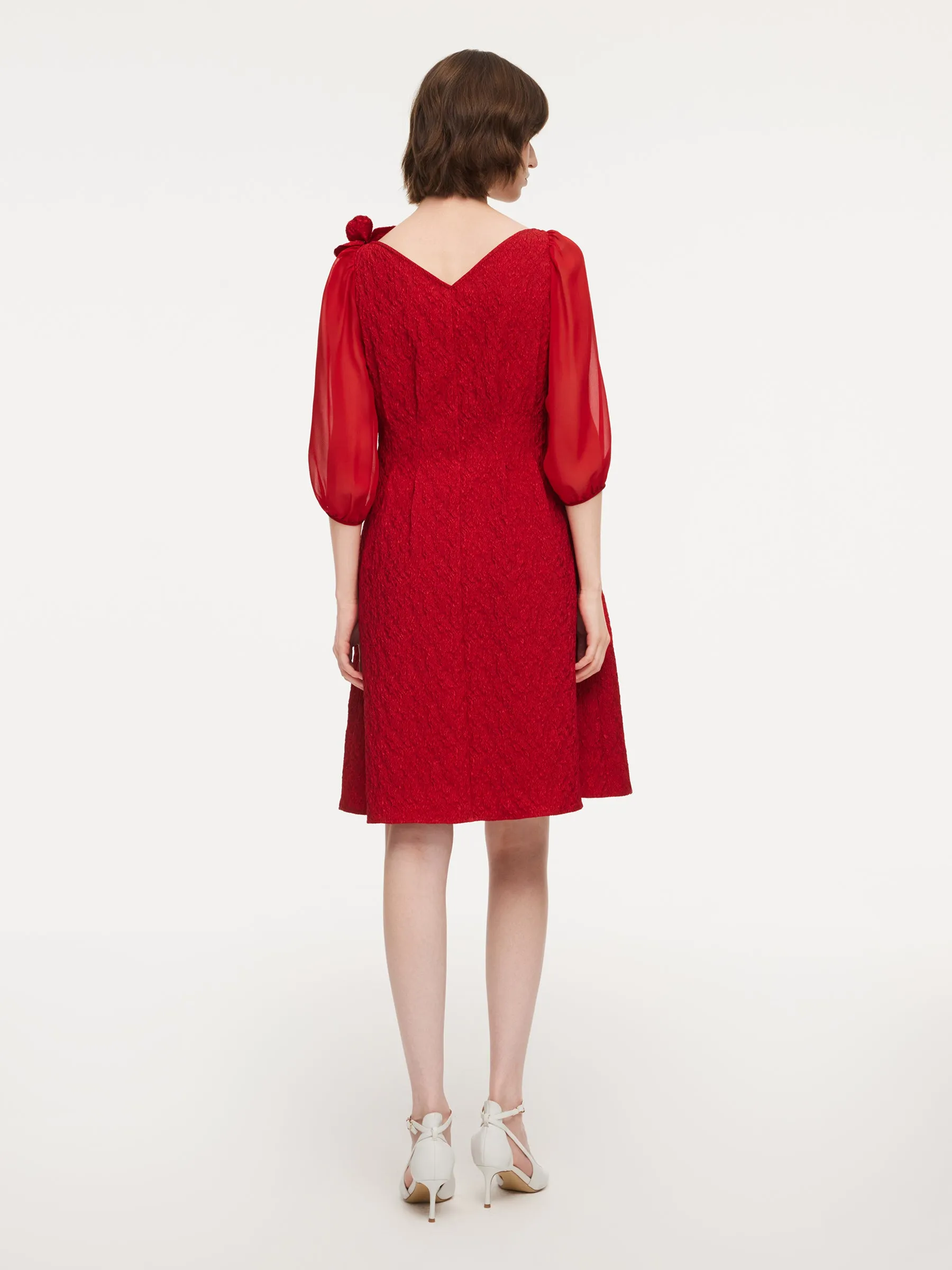 Chili Red Jacquard Boat Neck Women Midi Dress With Detachable Flower sold by Goelia product image thumbnail 3
