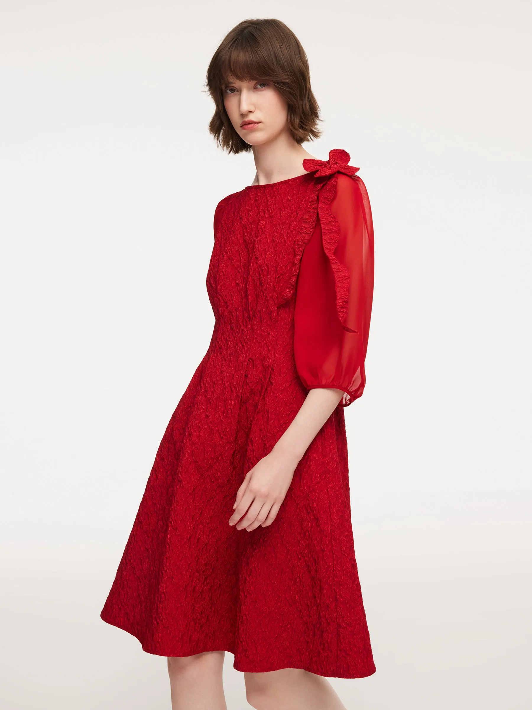Chili Red Jacquard Boat Neck Women Midi Dress With Detachable Flower sold by Goelia product image thumbnail 4
