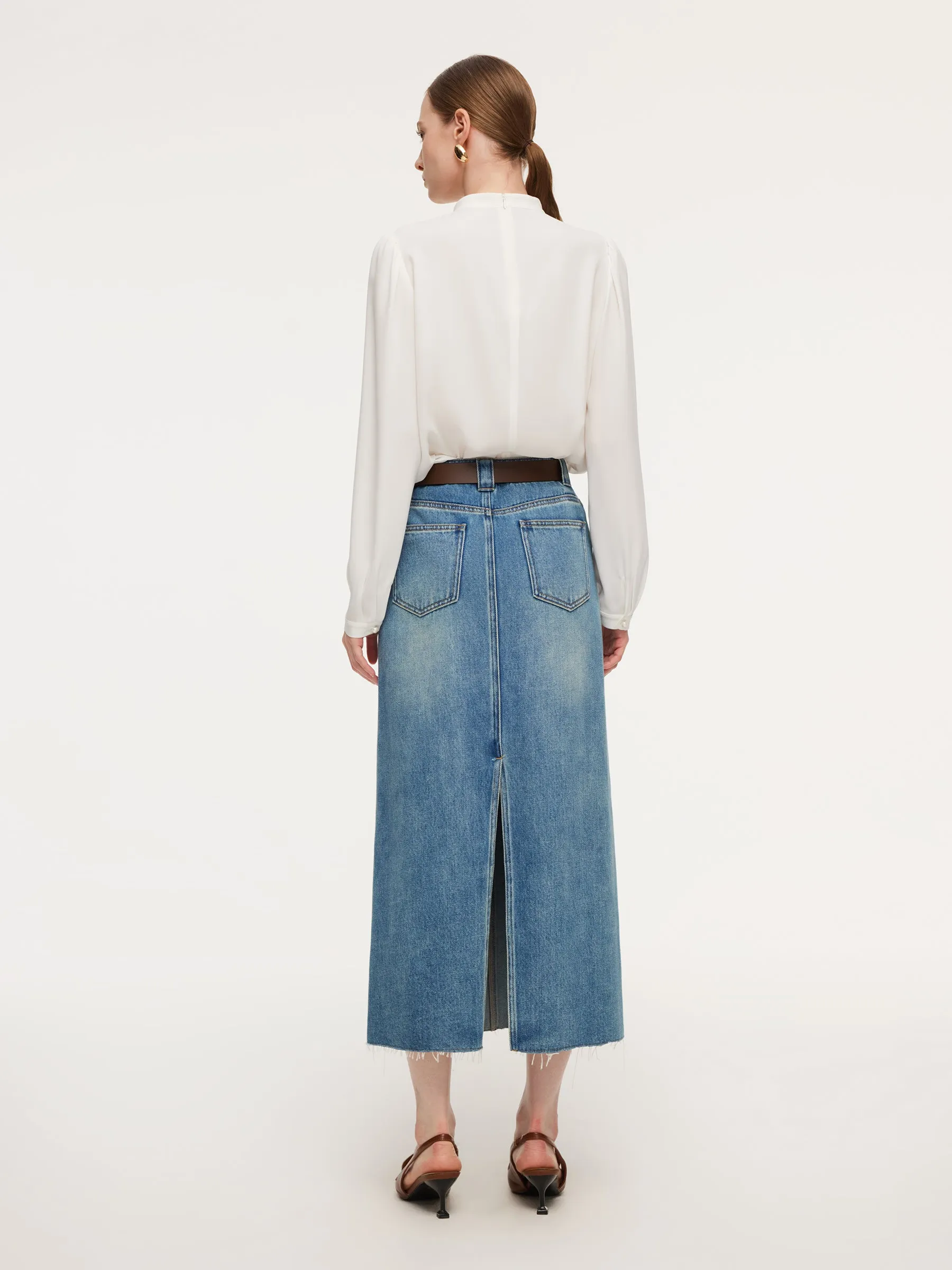 Lyocell Cotton Blend Denim Frayed Hem Women Skirt With Belt sold by Goelia product image thumbnail 4